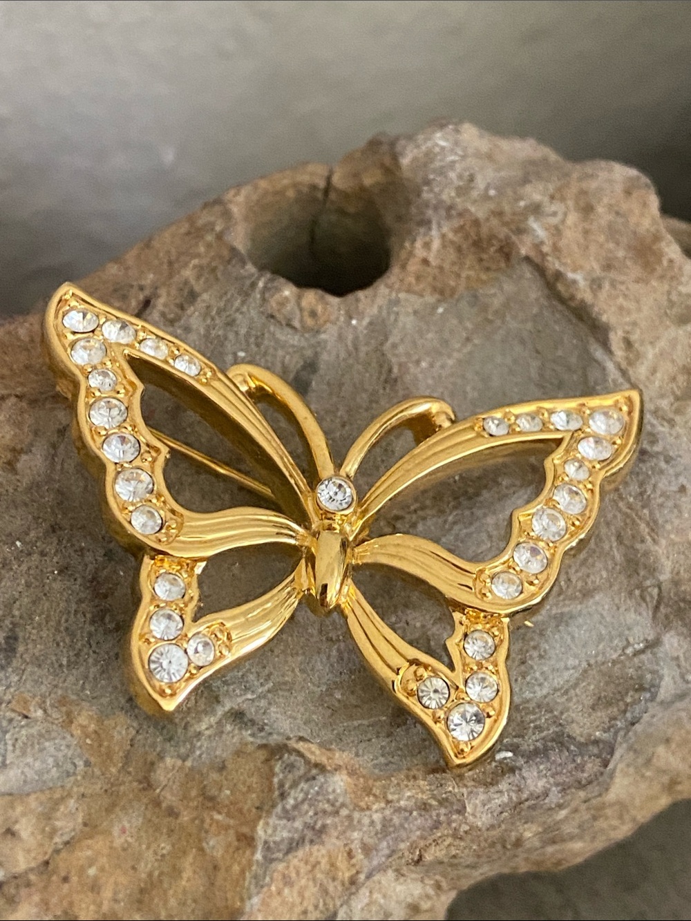 Vintage 80s MONET Gold Butterfly Clear Crystal Rhinestoned Broach